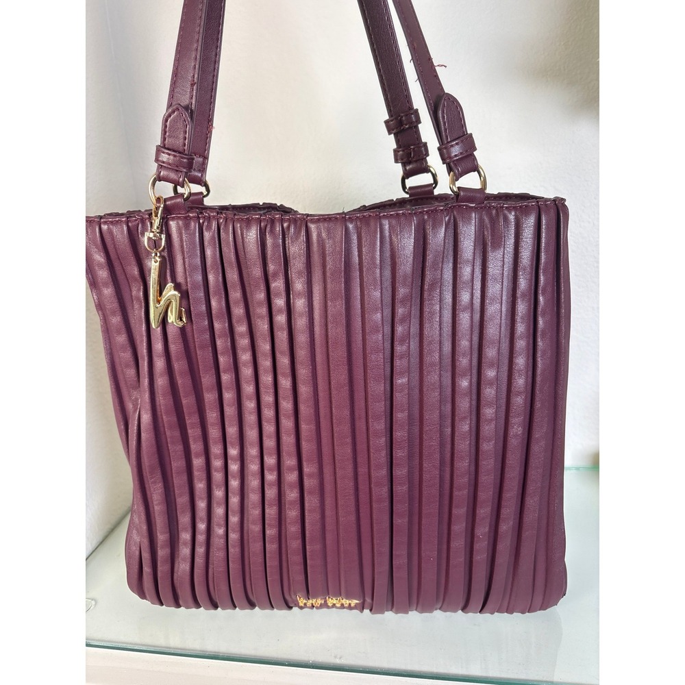 Nicole Miller New York Burgundy Pleated Faux Leather Tote Bag Gold Hardware